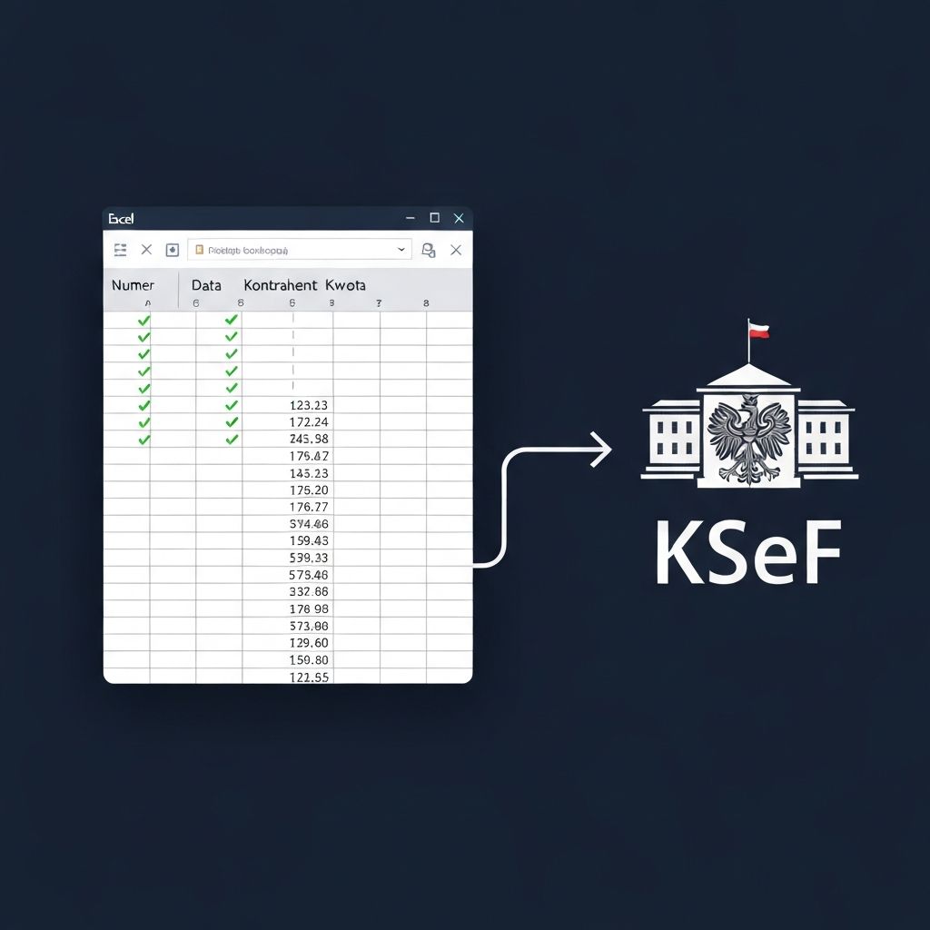 Wizualizacja pluginu Excel KSeF Connector — arkusz kalkulacyjny z fakturami wysyłanymi do systemu KSeF